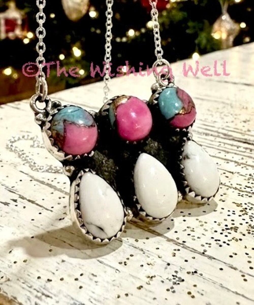Cotton Candy Turquoise Rectangle Cluster Necklace 18-20”